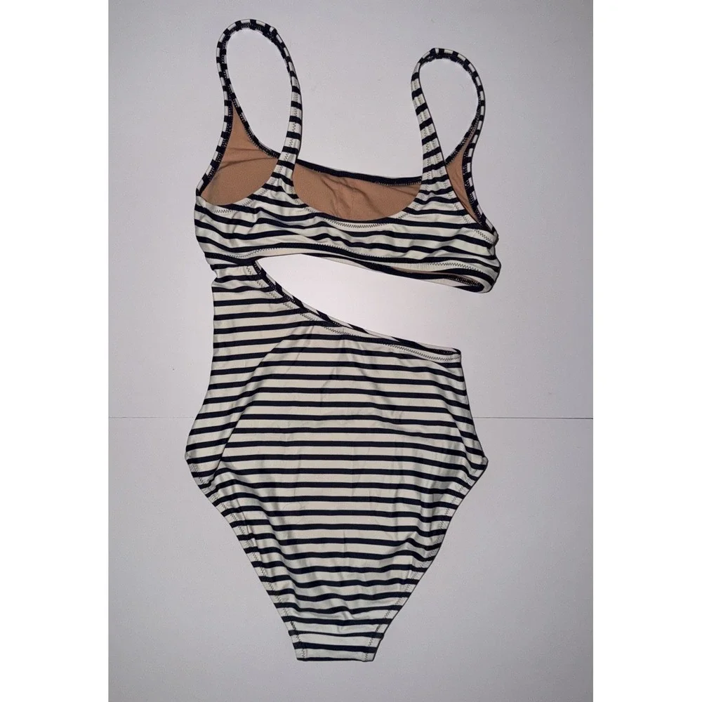 JCREW Women's Navy White Stripe Cutout One Piece Size 2 Swim Square Neck